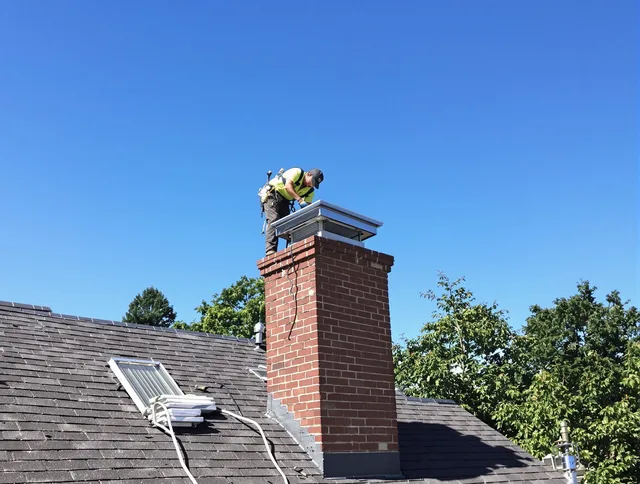 Norwich Chimney Sweep technician measuring a chimney cap in Norwich, CT